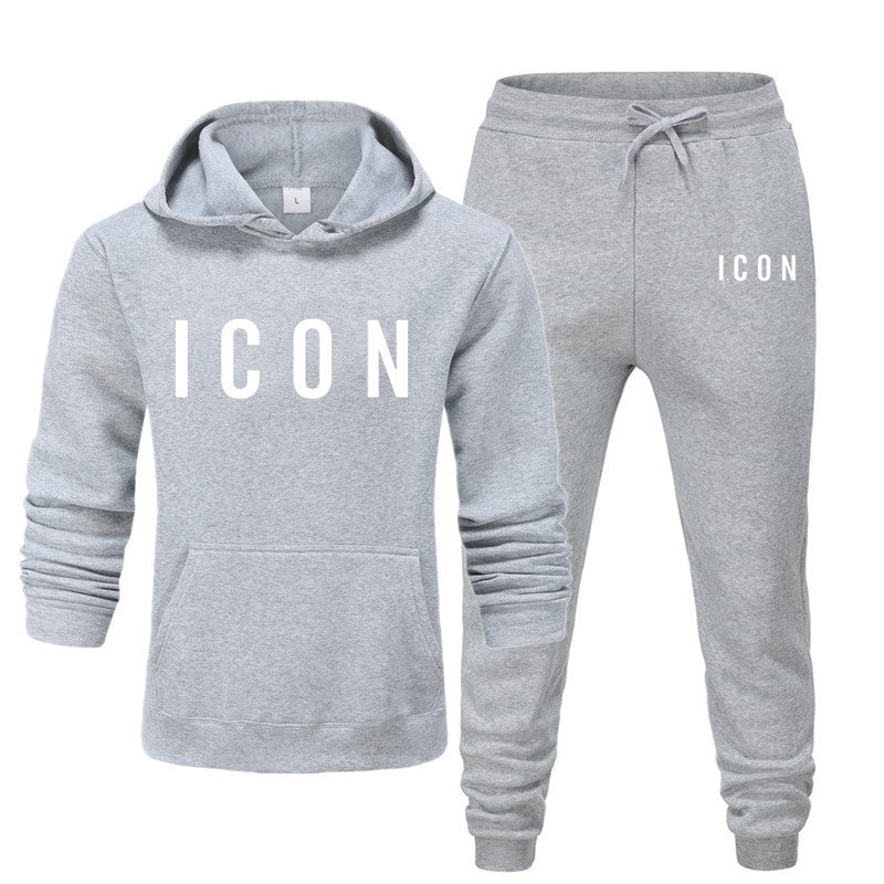 Heren set grijs fleece met 'ICON' print vooraanzicht