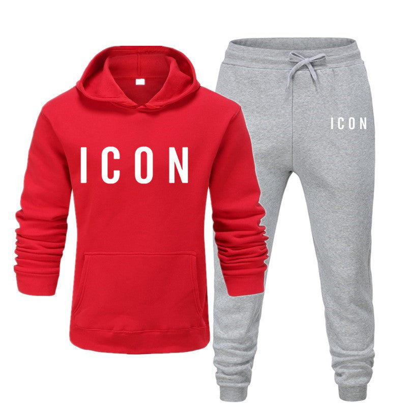 Heren set rode hoodie en grijze joggingbroek met 'ICON' print front view