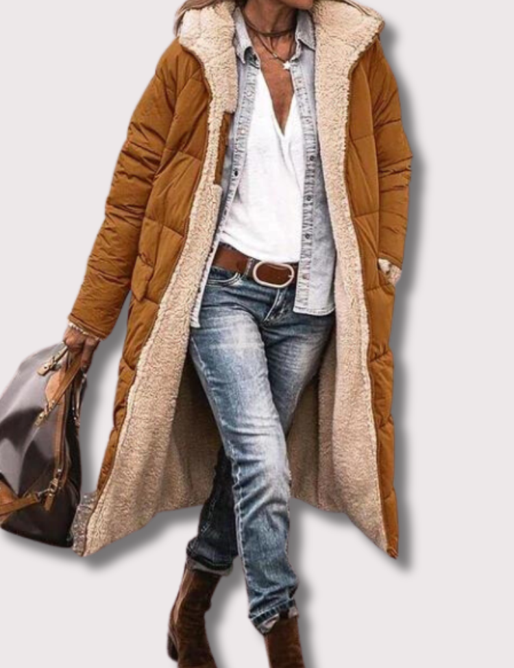 Lange winterjas bruin met bontbinnenkant zijprofiel