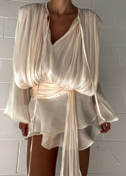 Blouse met striknek en synthetisch satijnachtig mengsel voor dames, front view