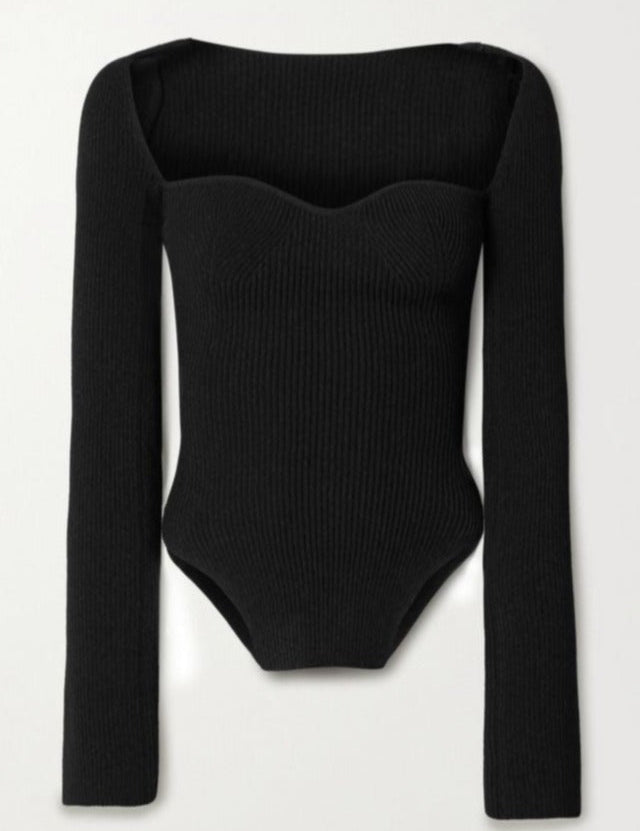 Black ribbed bodysuit isolated front view