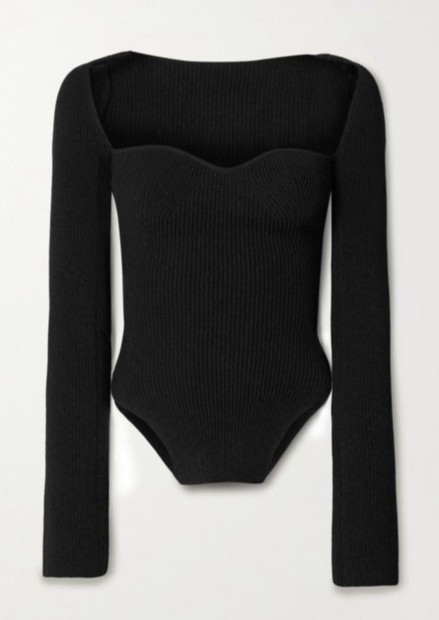 Black ribbed bodysuit isolated front view