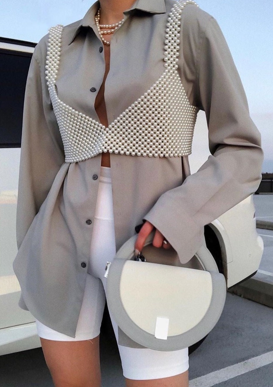 Pearl grid bralette worn with blazer and shorts close-up view
