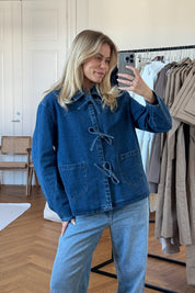 Denim jacket with tie front detail full body view