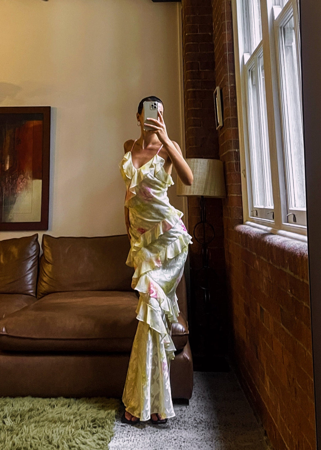 Yellow and pink floral dress with ruffles indoor mirror selfie