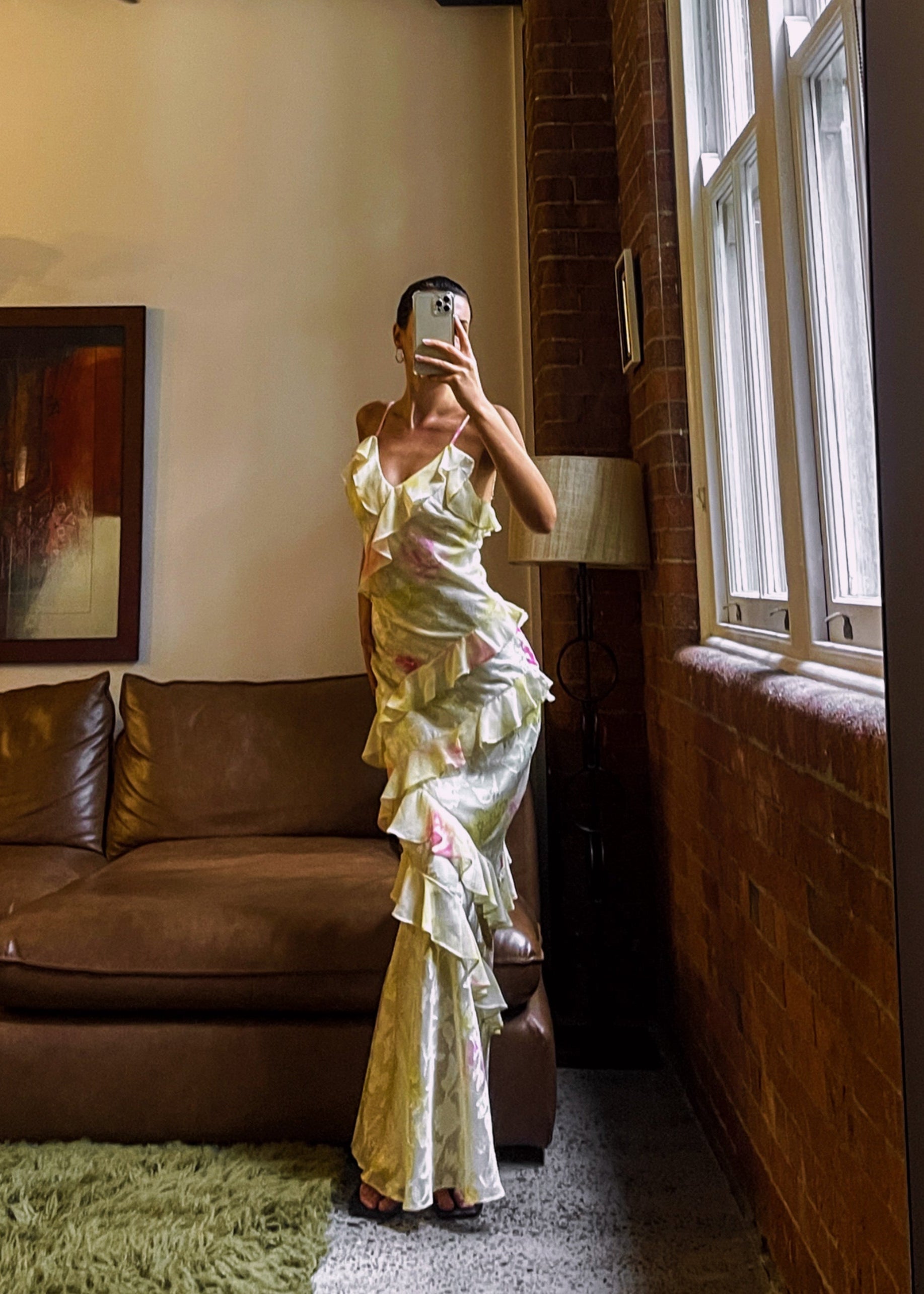 Yellow and pink floral dress with ruffles indoor mirror selfie
