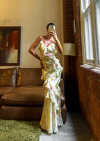 Yellow and pink floral dress with ruffles close-up detail