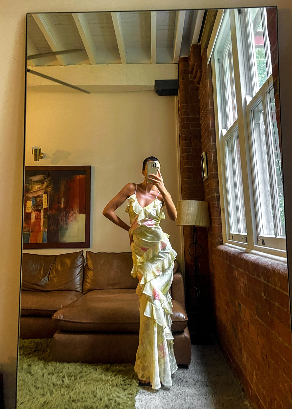 Yellow and pink floral dress with ruffles side profile
