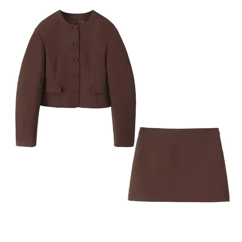 Brown blazer and skirt set isolated front view