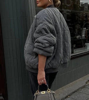 Grijze geborduurde cropped bomberjack dames front view