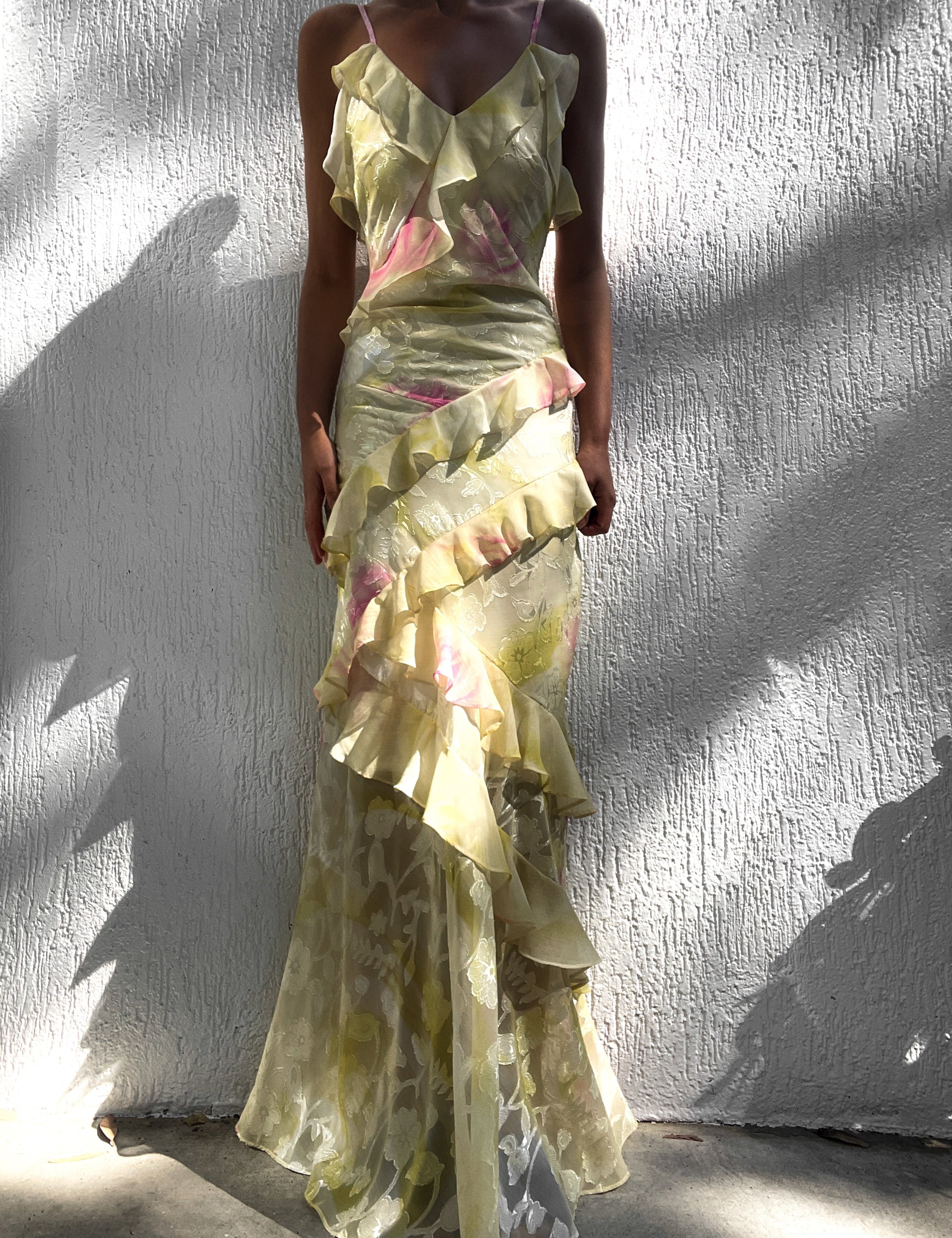 Yellow and pink floral dress with ruffles front view