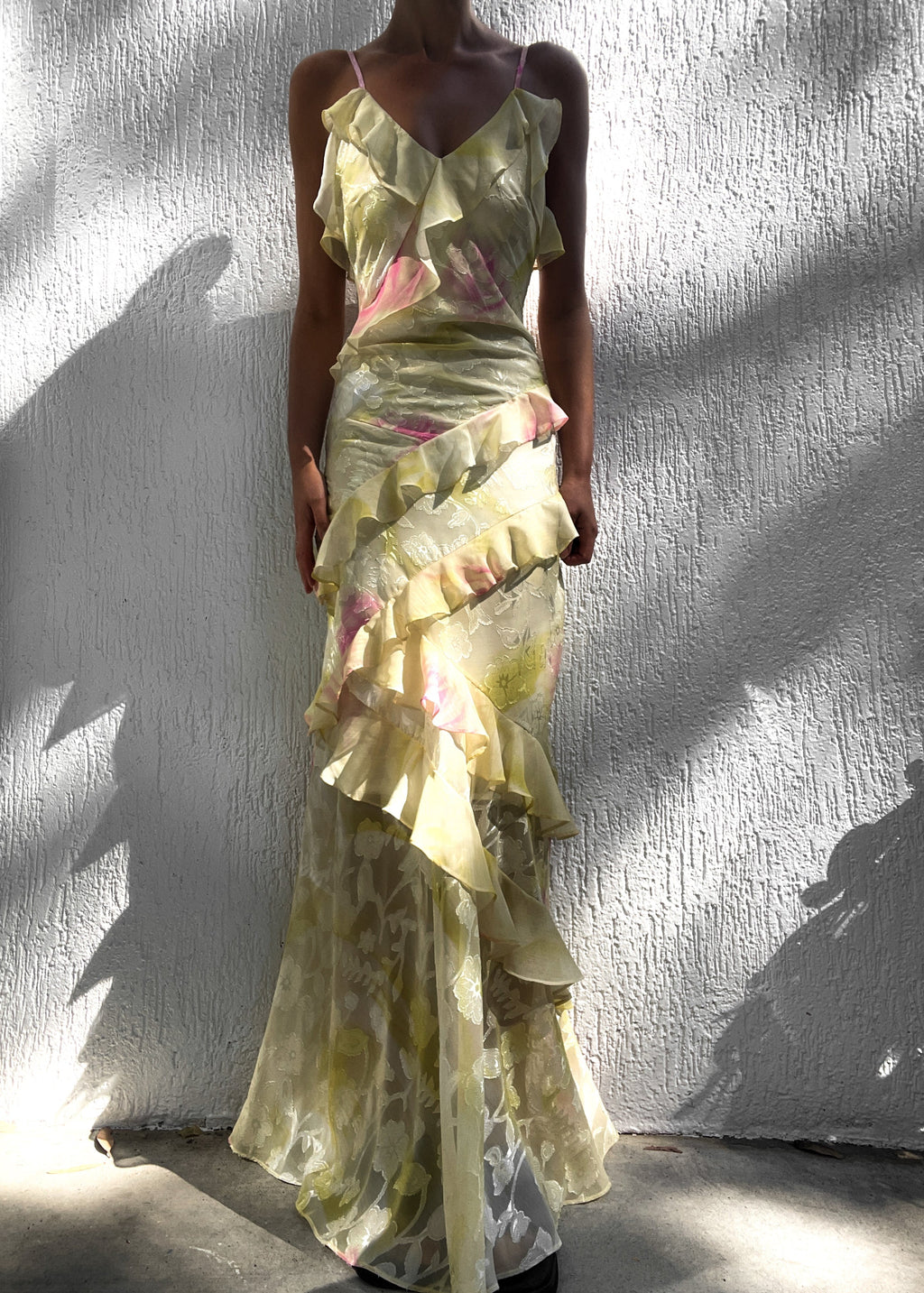 Yellow and pink floral dress with ruffles front view