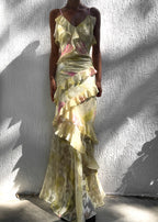 Yellow and pink floral dress with ruffles front view