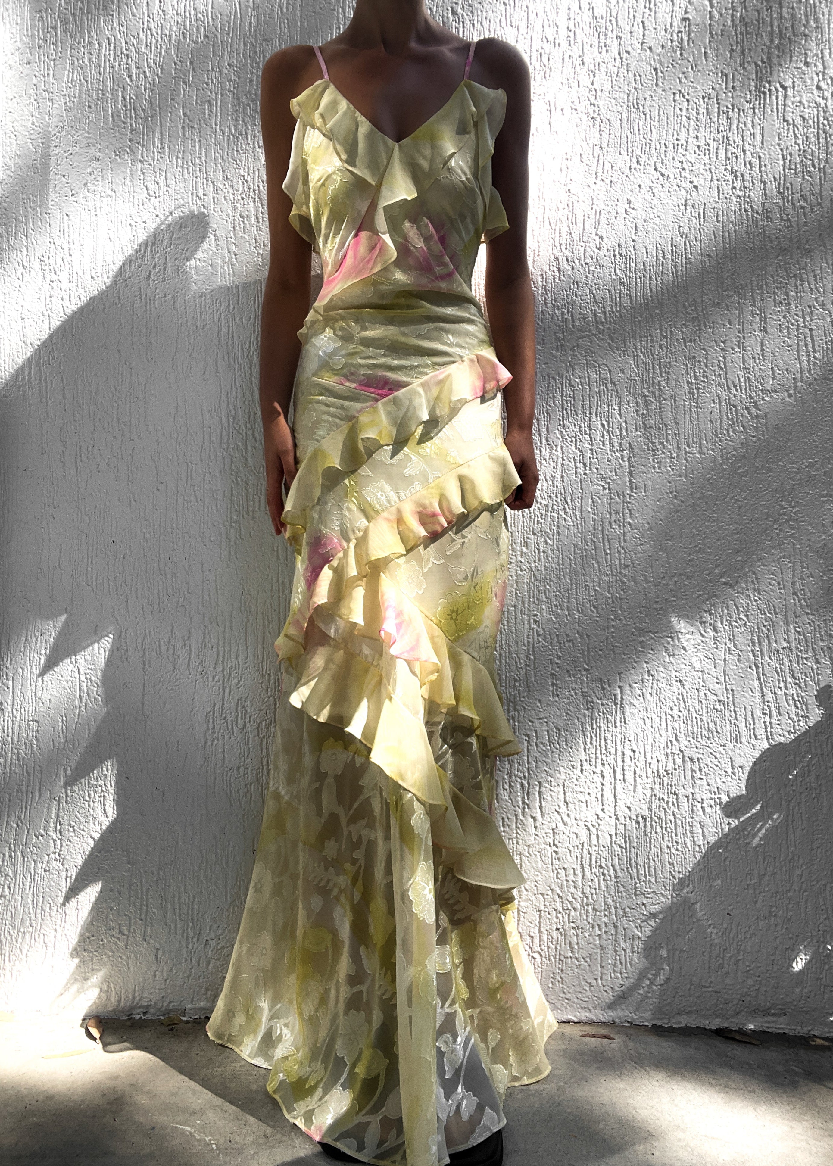 Yellow and pink floral dress with ruffles front view