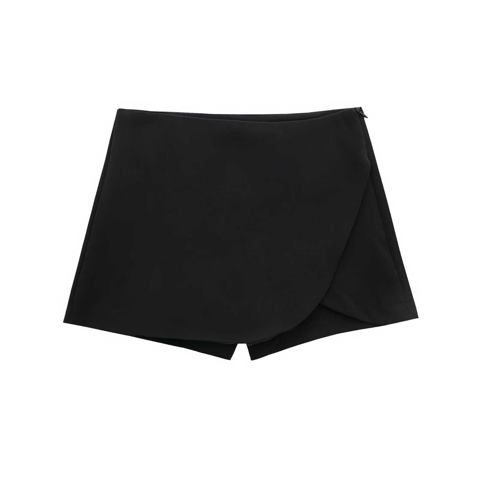 Korte jurk zwart met asymmetrische sluiting detailopname