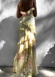 Yellow and pink floral dress with ruffles side view