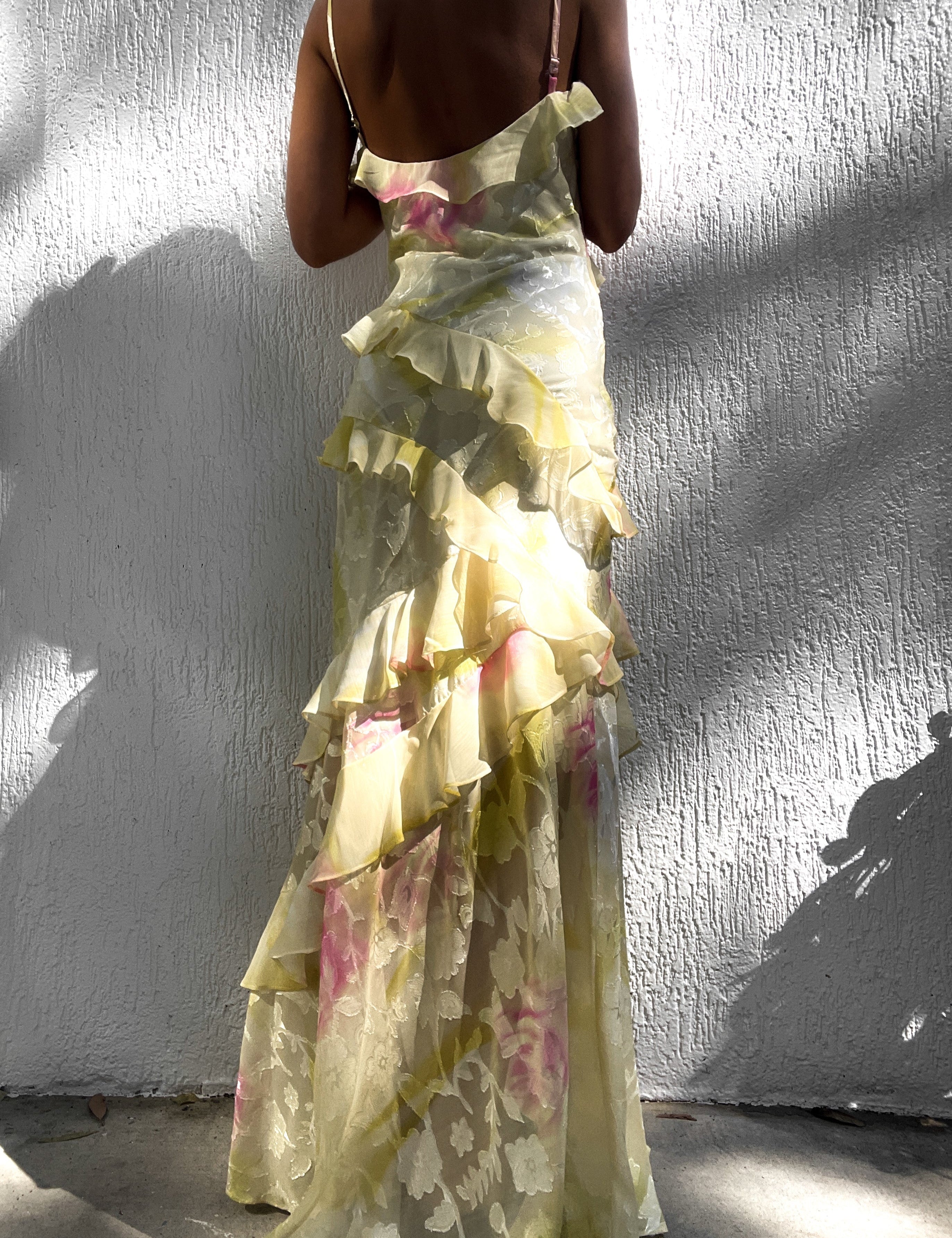 Yellow and pink floral dress with ruffles side view