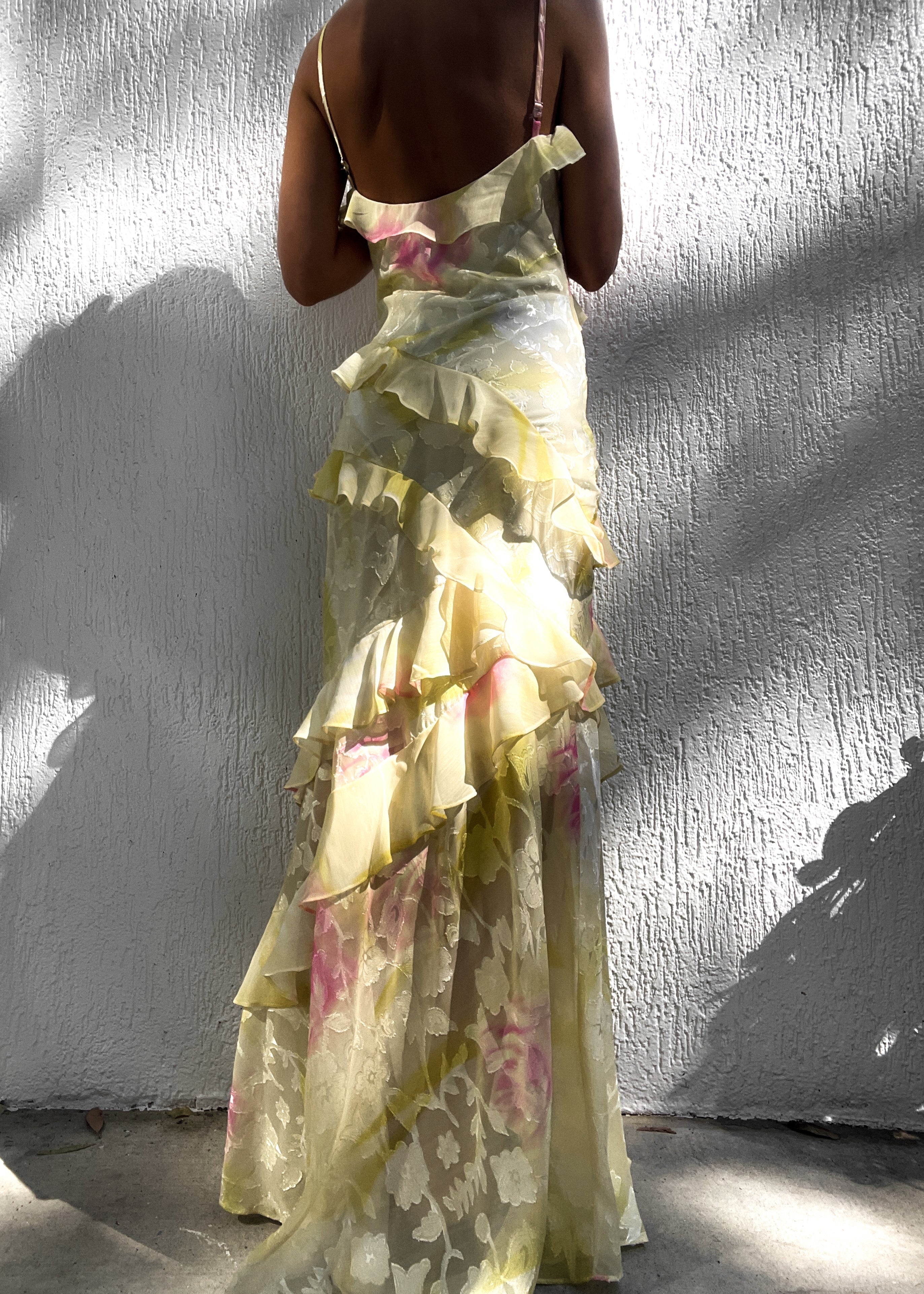Yellow and pink floral dress with ruffles side view