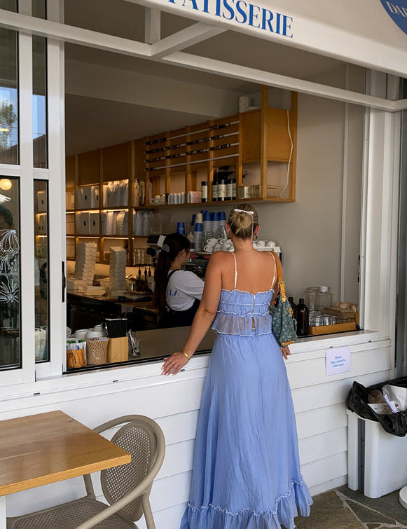 Blue ruffled two-piece set customer service view