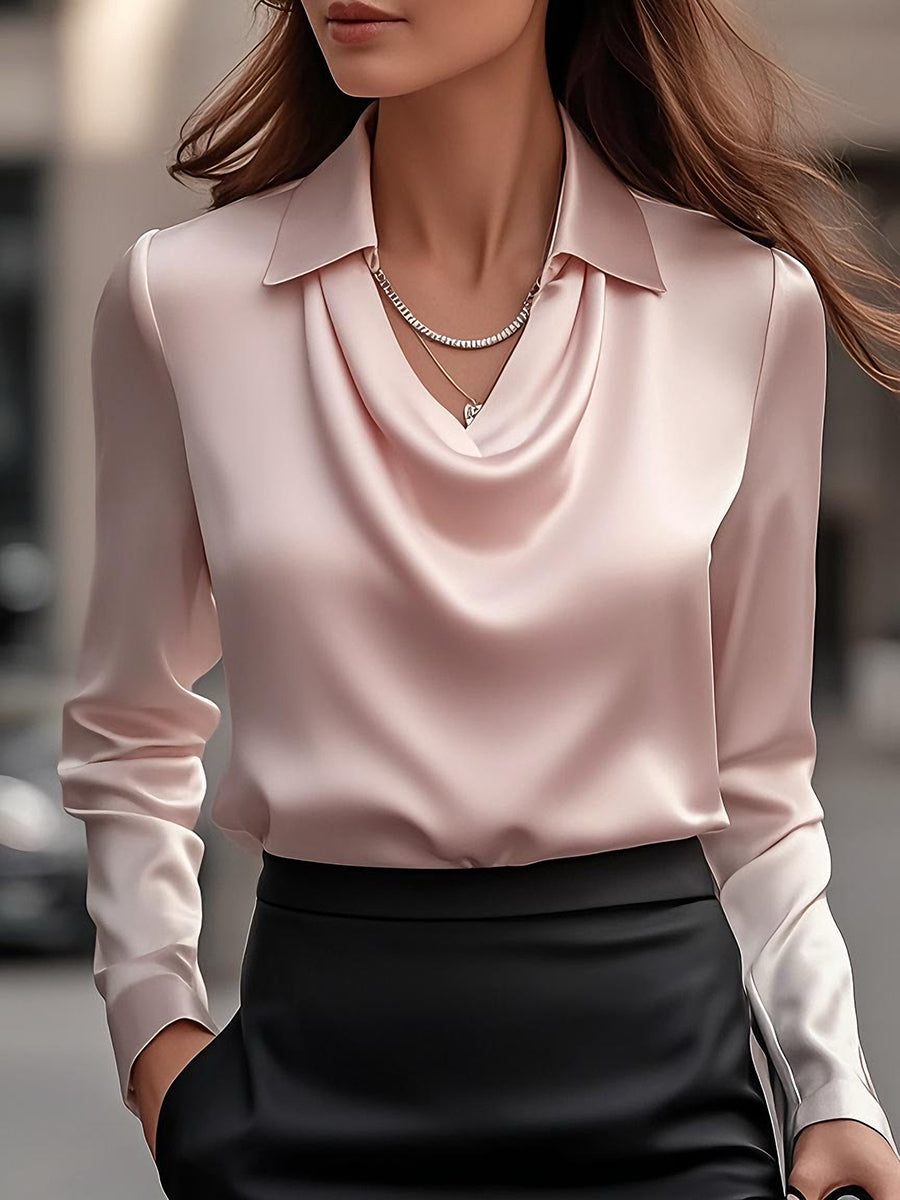 Lange mouwen blouse witte satijn watervalhals vooraanzicht