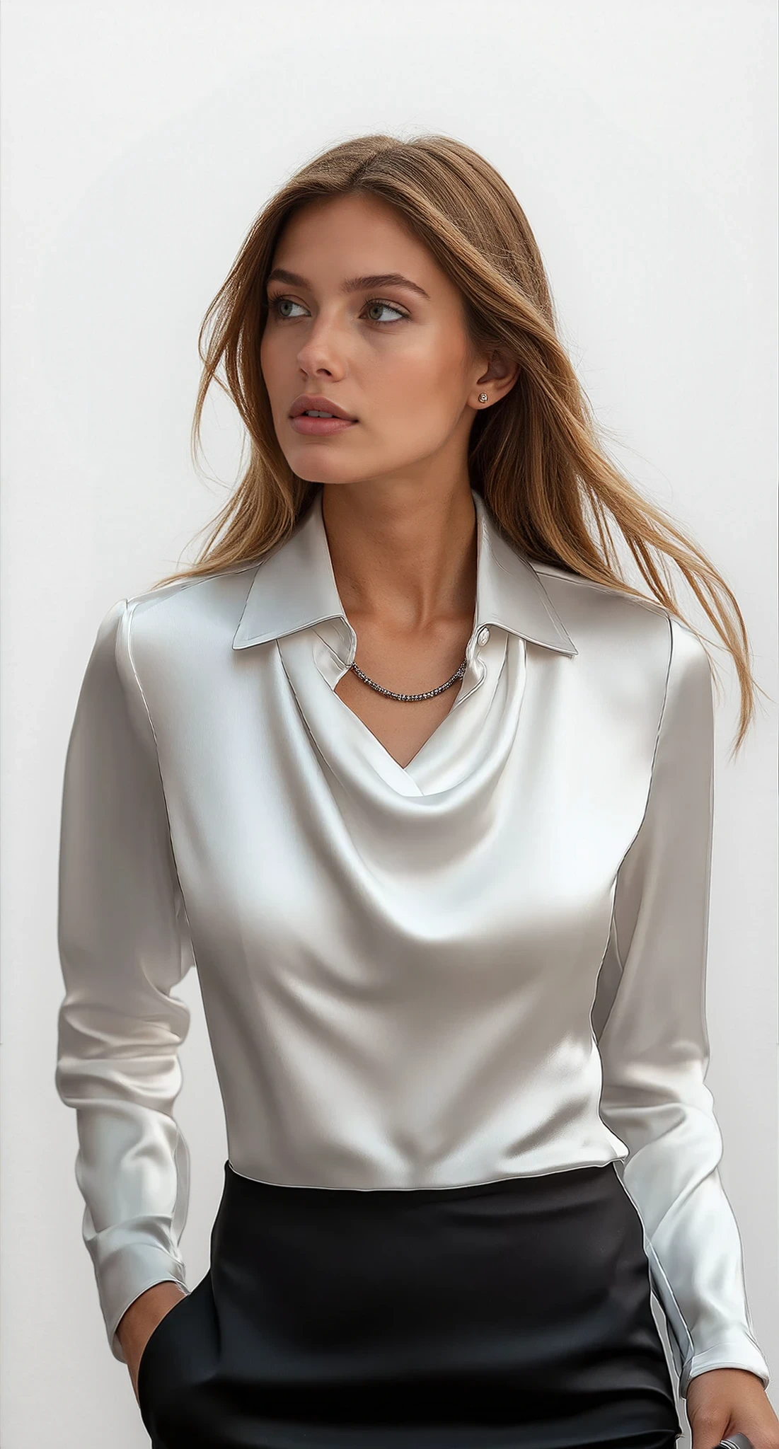 Witte satijnen blouse met watervalhals front view