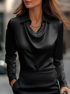 Lange mouwen blouse zwart satijn watervalhals vooraanzicht