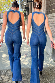 Denim jumpsuit met hartvormige uitsnede, blauw, achterzijde