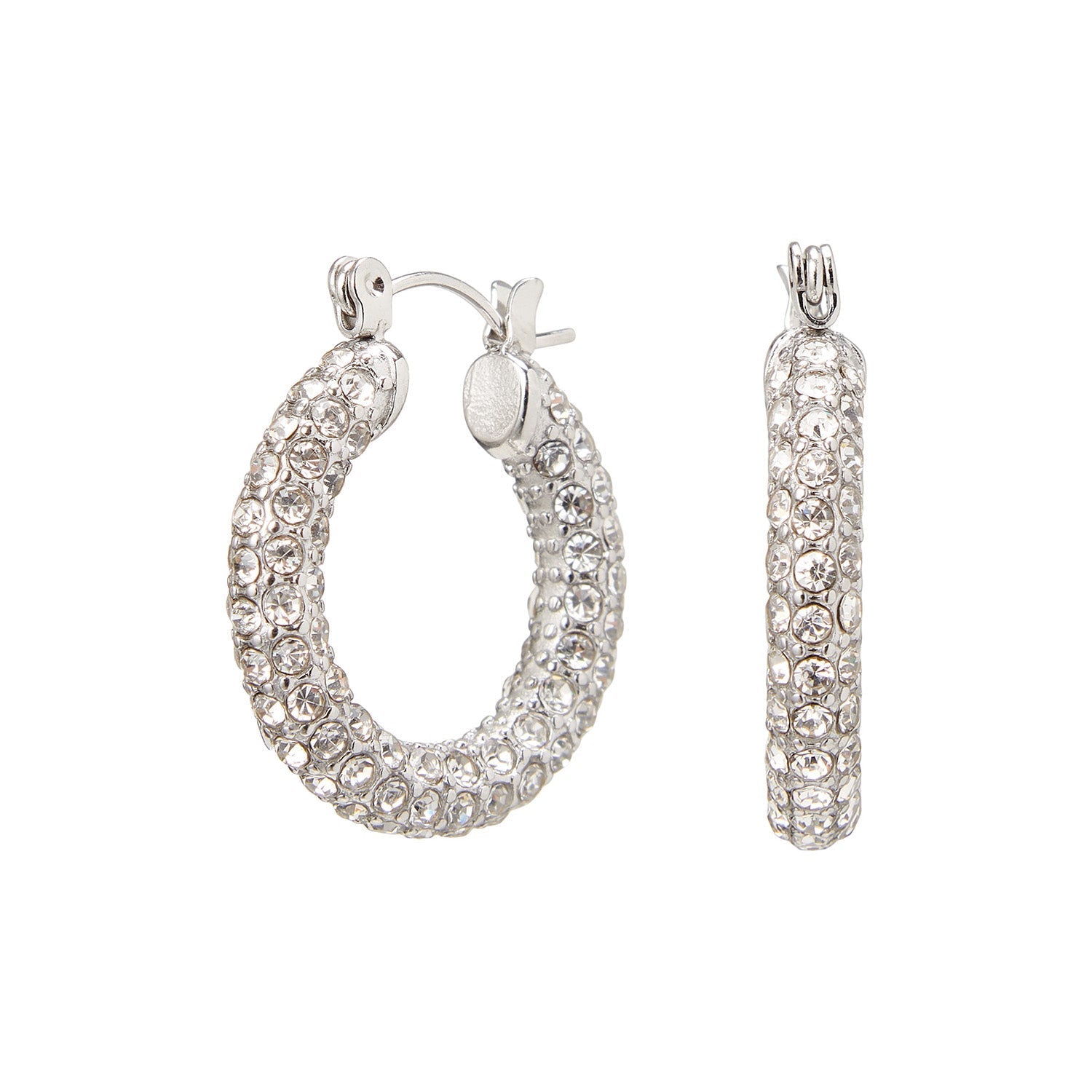 Silver hoop earrings with pave crystals side view