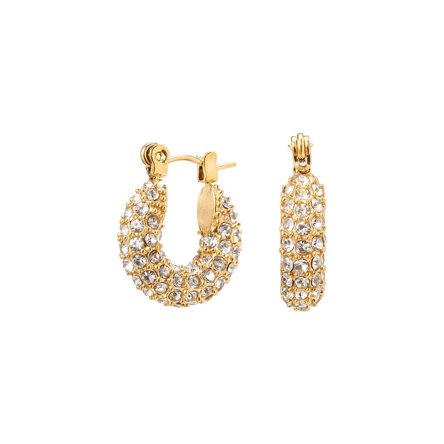 Gold hoop earrings with pave crystals front view