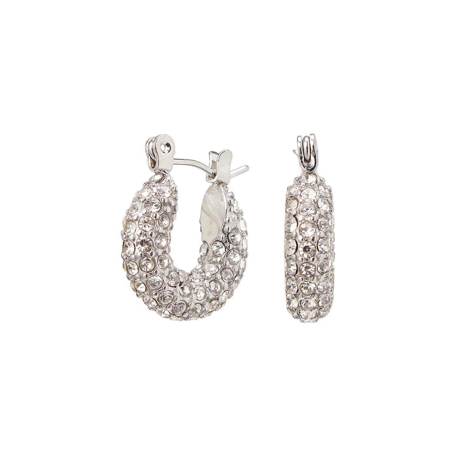 Silver hoop earrings with pave crystals front view