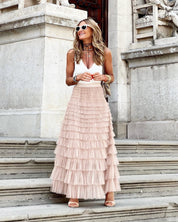 Maxi rok lichtroze met elastische tailleband en ruchedetail front view