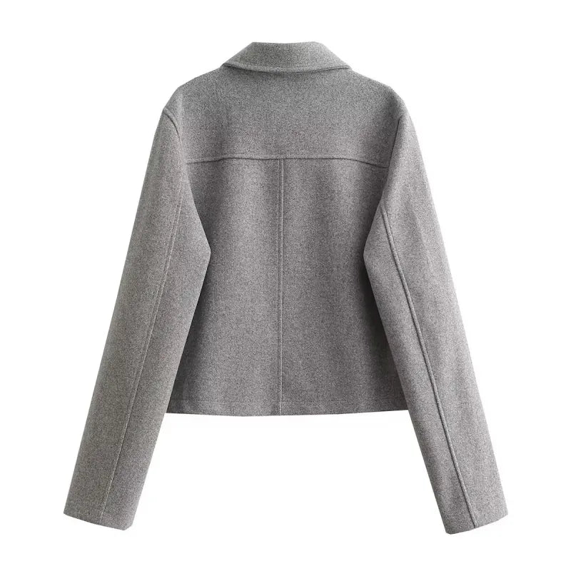 Gray jacket back view with gold buttons