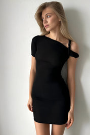Black dress with one-shoulder design, front view