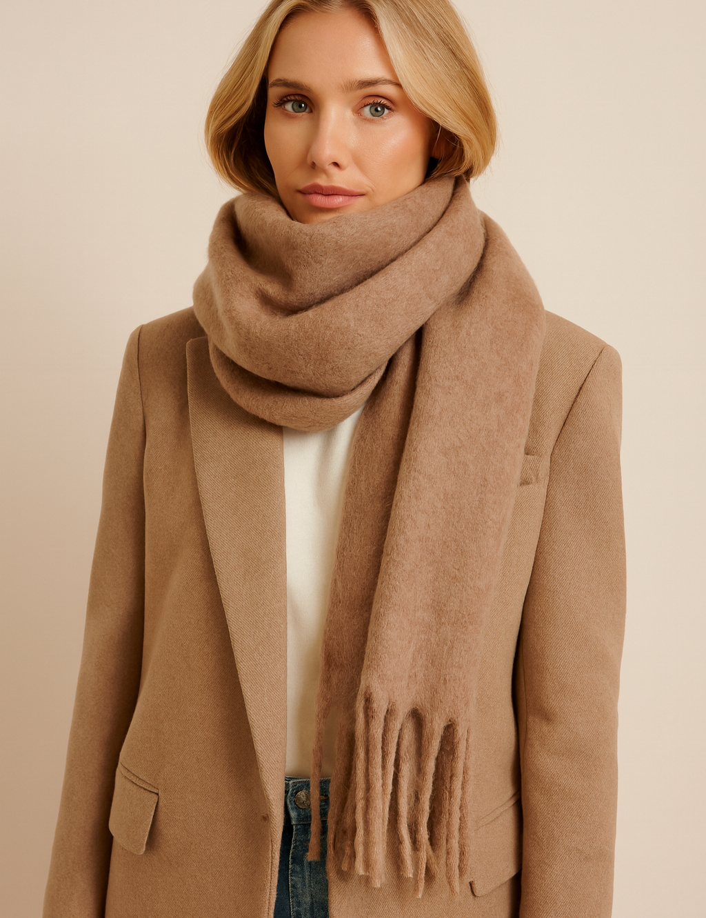 Caramel scarf with fringe wrapped around neck front view