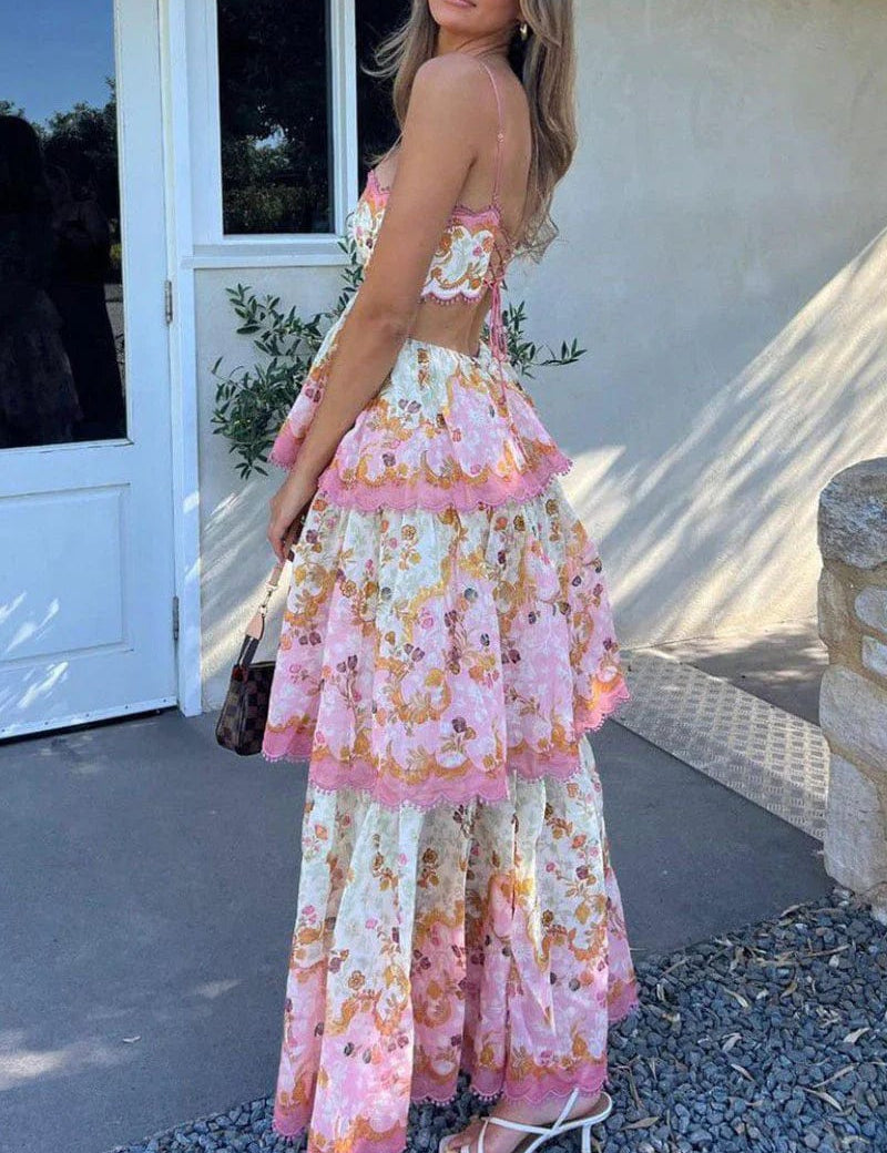 Maxi dress with floral pattern and lace details, pink trim, side view