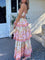 Maxi dress with floral pattern and lace details, pink trim, side view