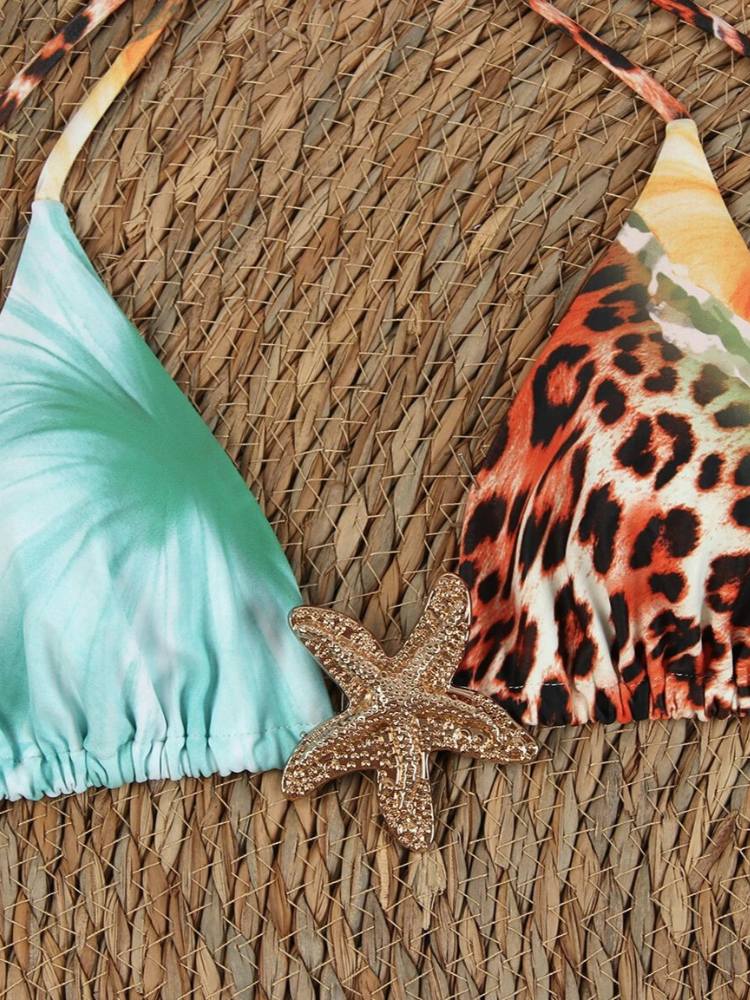 Bikini top with turquoise and leopard print, starfish clasp