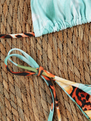 Bikini bottom with turquoise and leopard print, tie detail