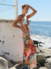 Bikini set with tropical print and starfish detail, side profile