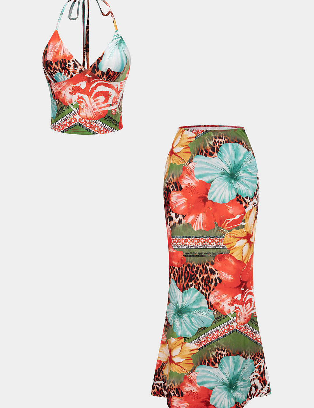 Lina | Dames Set - Tweedelige Luipaardbloemenprint met V-hals en Hoge Taille Rok 1