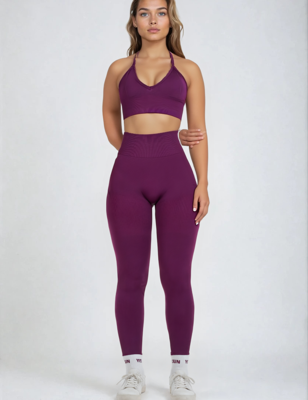 Activewear set in plum ribbed fabric front view