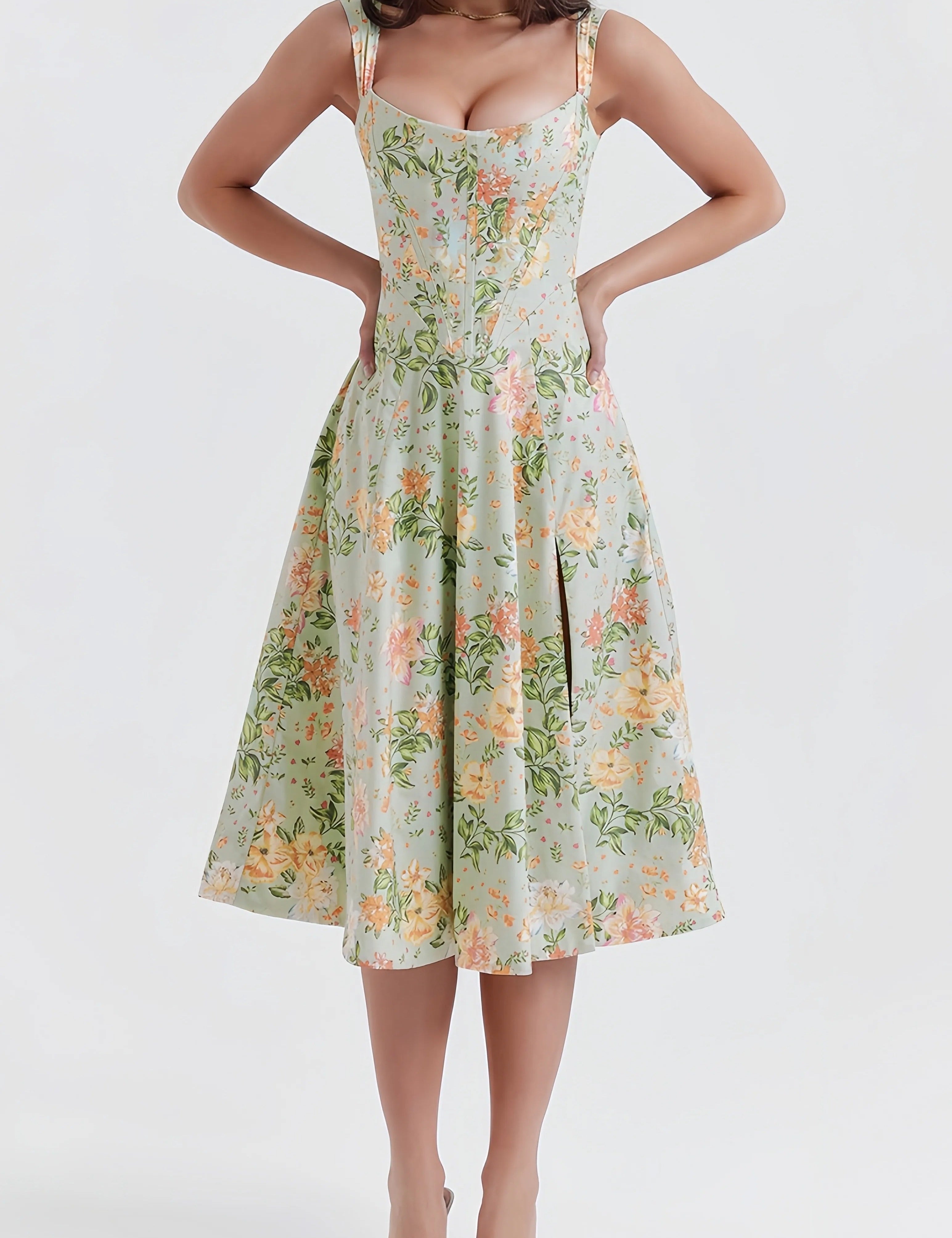 Livia | Dames Midi-Jurk - Bloemmotief met Flatterende Split, Zomerjurk 0
