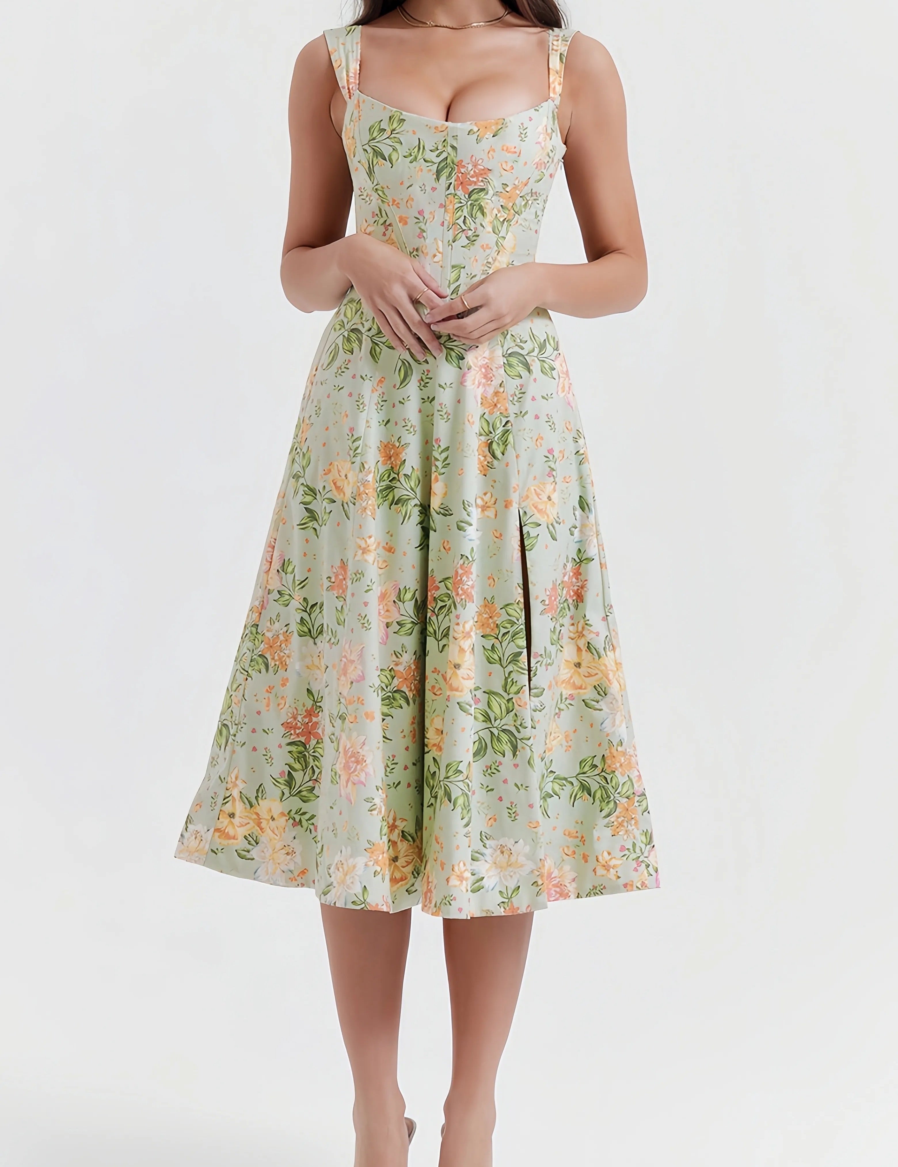 Livia | Dames Midi-Jurk - Bloemmotief met Flatterende Split, Zomerjurk 1