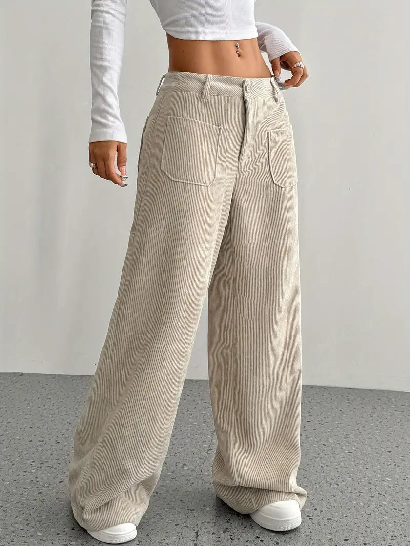 Wide-leg corduroy pants beige front view