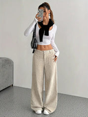 Wide-leg corduroy pants beige full outfit view
