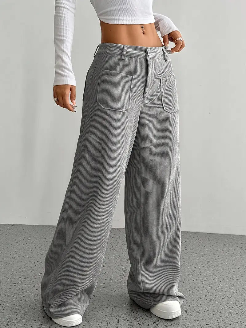 Wide-leg corduroy pants gray front view