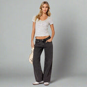 Dames jeans donkerblauw met lage taille en straight-leg fit front view