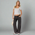 Dames jeans donkerblauw met lage taille en straight-leg fit front view