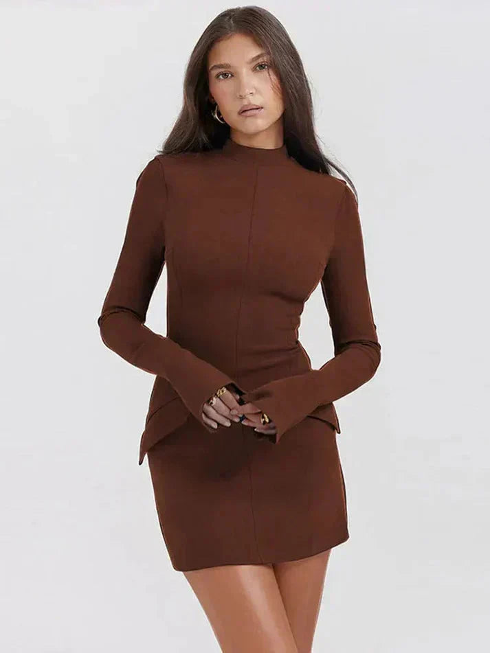 Mini jurk bruin met lange mouwen en hoge hals front view