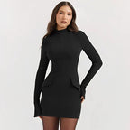 Mini jurk zwart met ruches en lange mouwen front view